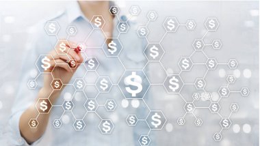 Dolar simgeleri, para ağ yapısı. ICO, ticaret ve yatırım. Crowdfunding