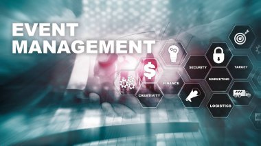Olay Yönetimi Konsepti. Etkinlik yönetim akış şeması. Etkinlik yönetimi ile ilgili öğeler. Karışık medya işi.