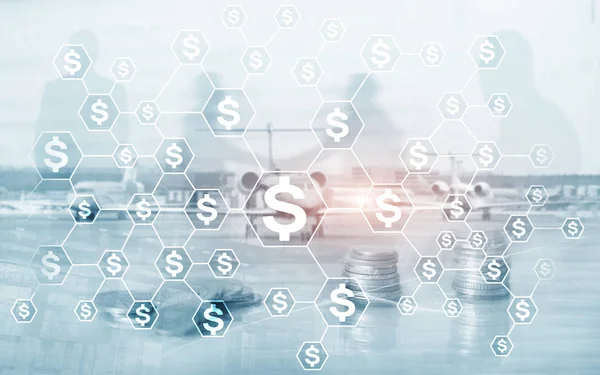 Dollar-Symbole auf abstraktem geschäftlichem Hintergrund. Investitionskonzept. Münzen Flugzeug Rechner auf virtuellem Bildschirm. — Stockfoto