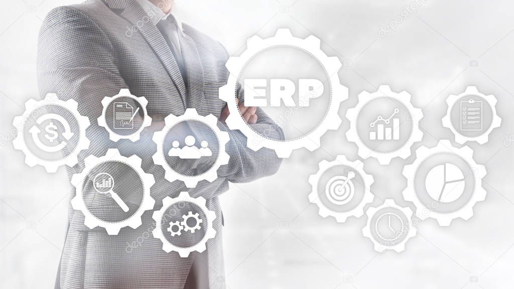 ERP system, Enterprise resource planning on blurred background. Business automation and innovation concept
