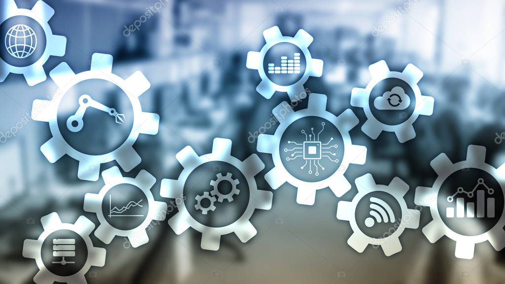 Automation technology and smart industry concept on blurred abstract background. Gears and icons.