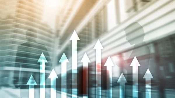 Up arrow graph on skyscraper background. Invesment and financial growth concept — Stock Photo, Image
