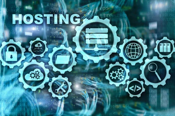 Web Hosting Technology Internet a Networking Concept. Na pozadí serverové místnosti. Virová obrazovka — Stock fotografie