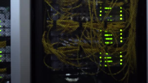 Datacenter. Villogó szerver rack sorok zöld lámpák. Elmosódott háttér. — Stock videók