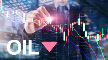 Petrol trendi düştü. Mum grafik Petrol varil ve soyut iş arka plan üzerinde bir mali grafik. Fiyat petrol aşağı. Namlu ok aşağı.