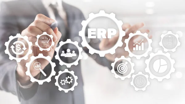 Sistema ERP, Planeamento de recursos empresariais em segundo plano desfocado. Conceito de automação e inovação empresarial — Fotografia de Stock