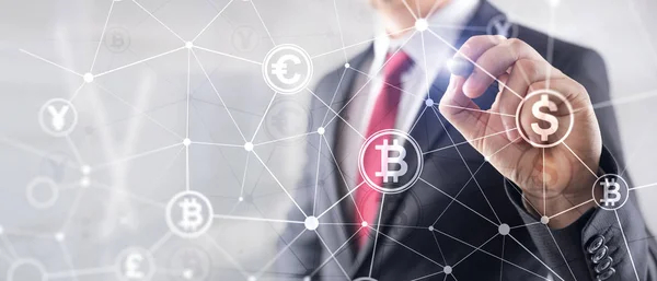 Dubbele blootstelling Bitcoin en de blockchain concept. Digitale economie en handel van de munt — Stockfoto