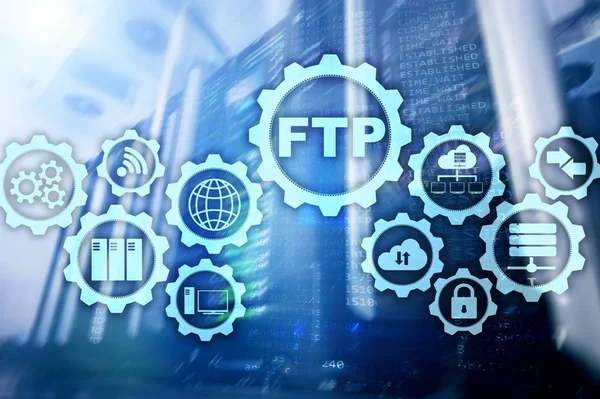 FTP. Protocollo di trasferimento file. Trasferimento dati di rete al server su sfondo supercomputer — Foto Stock