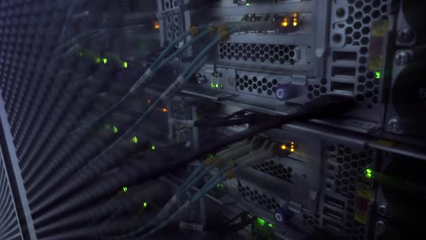 Cables de fibra óptica de banda ancha. rack de servidor moderno . — Vídeo de stock