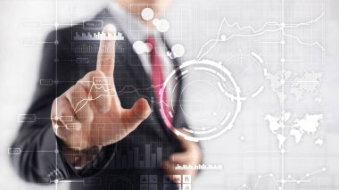 İş zekası BI Anahtar performans göstergesi KPI Analiz paneli şeffaf bulanık arkaplan.