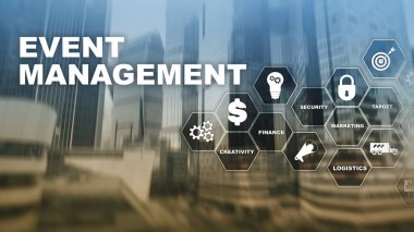 Olay Yönetimi Konsepti. Etkinlik yönetim akış şeması. Etkinlik yönetimi ile ilgili öğeler. Karışık medya işi.