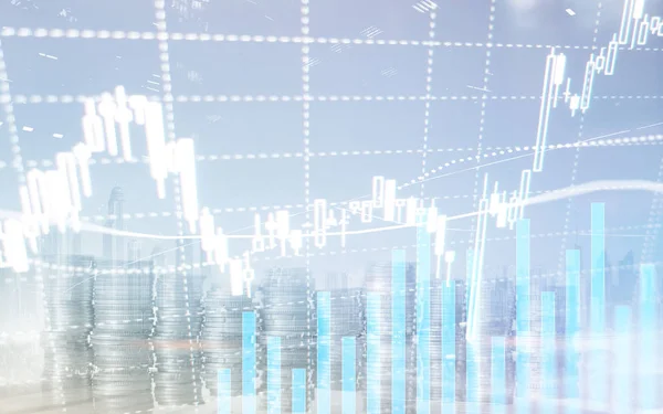 Ψηφιακή χρηματιστηριακή αγορά. Απόθεμα το διάγραμμα των χρηματοοικονομικών επιχειρηματικών αγορών γράφημα κερί. Συναλλαγές Forex. Κέρματα και το φόντο της μεγαλάπολης. — Φωτογραφία Αρχείου