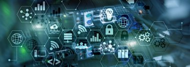 ICT - bilgi ve telekomünikasyon teknolojisi ve çok - Internet şeyler kavramları. Sunucu odası arka simgeleri ile diyagramları