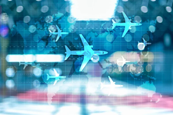 Világtérképen a repülési útvonalak repülőgépek. Globális légiközlekedési üzleti turizmus. Kettős expozíciós háttér. — Stock Fotó
