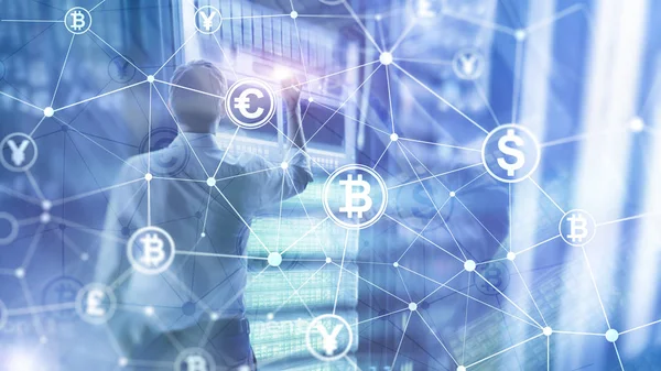 Bitcoin e conceito blockchain. Economia digital e comércio de moeda — Fotografia de Stock