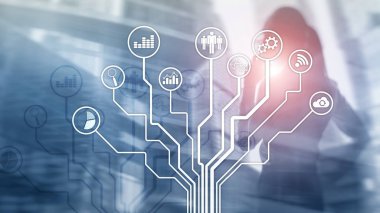İş uygulamaları simgeleri arka plan bulanık. Finans ve ticaret. Internet teknoloji kavramı.