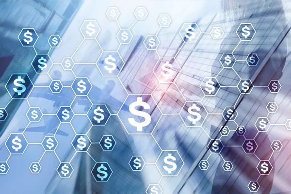 Dollar-Symbole, Geld-Netzwerk-Struktur. Ico, Handel und Investitionen. Crowdfunding. — Stockfoto