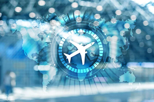 飛行機輸送ルートネットワークの概念。仮想画面上のビジネス旅行の背景飛行機のアイコン. — ストック写真
