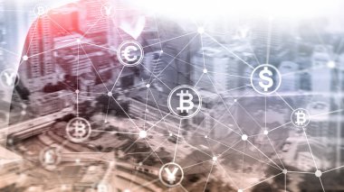 Dijital ekonomi ve döviz ticareti. Çift pozlama Bitcoin ve blockchain konsepti.