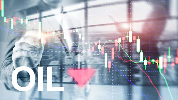 Oil trend down. Candle graph chart Oil barrels and a financial chart on abstract business background. Price oil down. Barrel arrow down.