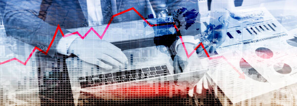 Chart with red down arrow on abstract background. Falling growth in business