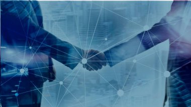 Bulanık gökdelenlerin arkaplanındaki engelleme ağı. Finansal teknoloji ve iletişim konsepti