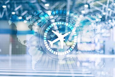 Sanal ekranda uçak simgesi. Uçak taşımacılığı rota ağ kavramı. İş seyahati arka planı.