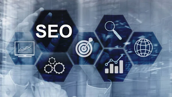 SEO - Optimisation des moteurs de recherche, Marketing numérique et concept de technologie Internet sur fond flou. — Photo