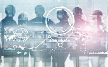 Yaratıcı dijital soyut iş arayüzü arka plan. Mali grafik grafik diyagramı ve sanal ekranda simgesi. Çift Pozlama.