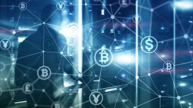 Çift Pozlama kavramı, Bitcoin ve blockchain. Dijital Ekonomi ve ticaret para.