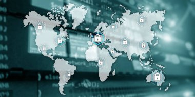 Küresel siber güvenlik kavramı iletişim gizlilik veri koruma sunucu odası arka plan