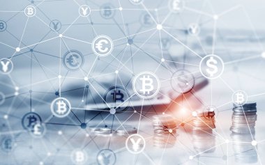 Bitcoin Euro doları Finans Web para kavramı. sanal ekran çift pozlama üzerinde oins.