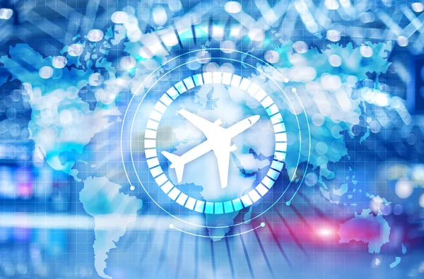 Airplane icon on virtual screen. Airplane transportation route network concept. Business Travel Background. — Stock Photo, Image