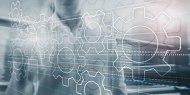 İş teknolojisi internet kavramı çift pozlama dişli soyut arka plan