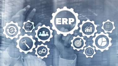 ERP sistemi, bulanık arka planda Atılgan kaynak planlaması. İş otomasyonu ve yenilik kavramı