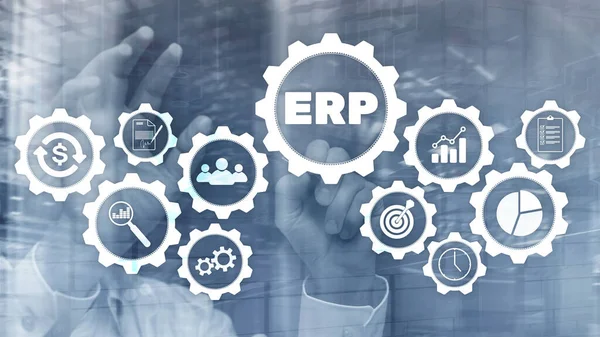 ERP-System, Enterprise Resource Planning auf verschwommenem Hintergrund. Geschäftsautomation und Innovationskonzept — Stockfoto