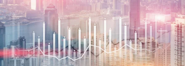 Financial growth chart graph diagram analysis big data trading investment concept. city view skyline website header banner double exposure.
