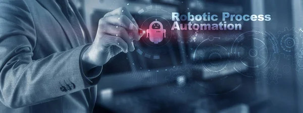 RPA Automação de Processos Robóticos. Conceito de tecnologia na tela virtual. Algoritmo Ai analisa Negócios. — Fotografia de Stock