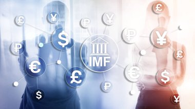 IMF Uluslararası Para Fonu Küresel Banka Örgütü. Bulanık arkaplan üzerine iş kavramı.