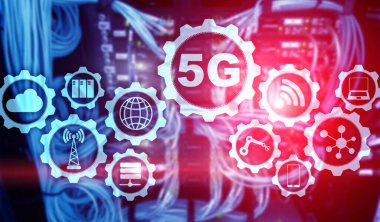 Soyut sunucu odası arka planında 5G Progect.