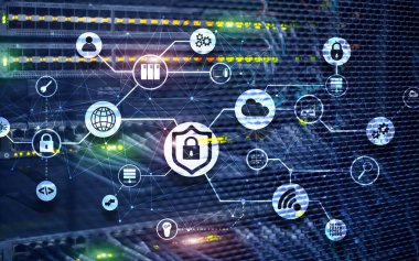 Veri güvenliği kavramı. Simgeler: Kapatılmış Asma Kilit, Wifi Ve dijital arkaplanda bulut.