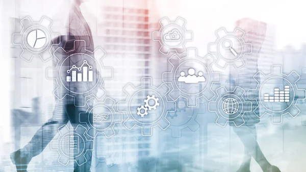 Schema astratto del processo aziendale con ingranaggi e icone. Concetto di tecnologia di flusso di lavoro e automazione. — Foto Stock