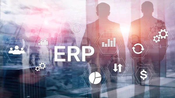 Sistema ERP, Planificación de recursos empresariales sobre fondo borroso. Concepto de automatización e innovación empresarial. — Foto de Stock