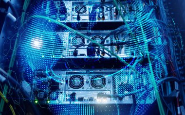 Dünya gezegeni küresel iletişim teknolojisi konsept sunucu odası arka planı.