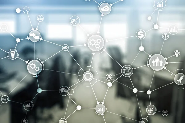 Estructura de procesos empresariales Diagrama de flujo de trabajo industrial Automatización Concepto de innovación en oficinas borrosas . — Foto de Stock