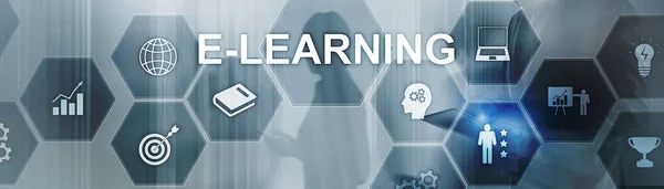 E-learning Education Internet Webinar Online Courses 컨셉트. 파노라마 배너. — 스톡 사진