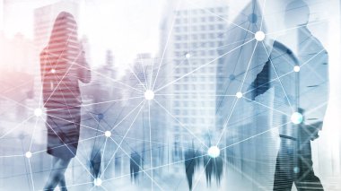 Bulanık gökdelenlerin arkaplanındaki engelleme ağı. Finansal teknoloji ve iletişim konsepti.