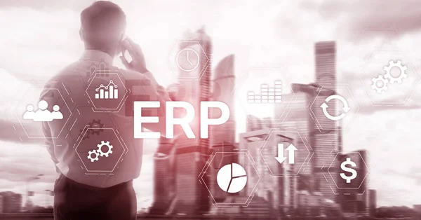 ERP-система, планування ресурсів підприємства на розмитому фоні. Автоматизація бізнесу та інноваційна концепція . — стокове фото