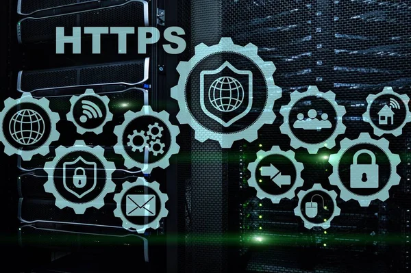 HTTPS. Protocolo de transporte de hipertexto seguro. Concepto de tecnología en el fondo de la sala de servidores. Icono virtual para el servicio web de seguridad de red . —  Fotos de Stock