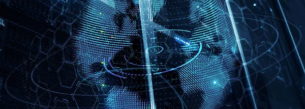 Concept voor nieuwe technologie en telecommunicatie. 3d Planet op website header server banner. — Stockfoto